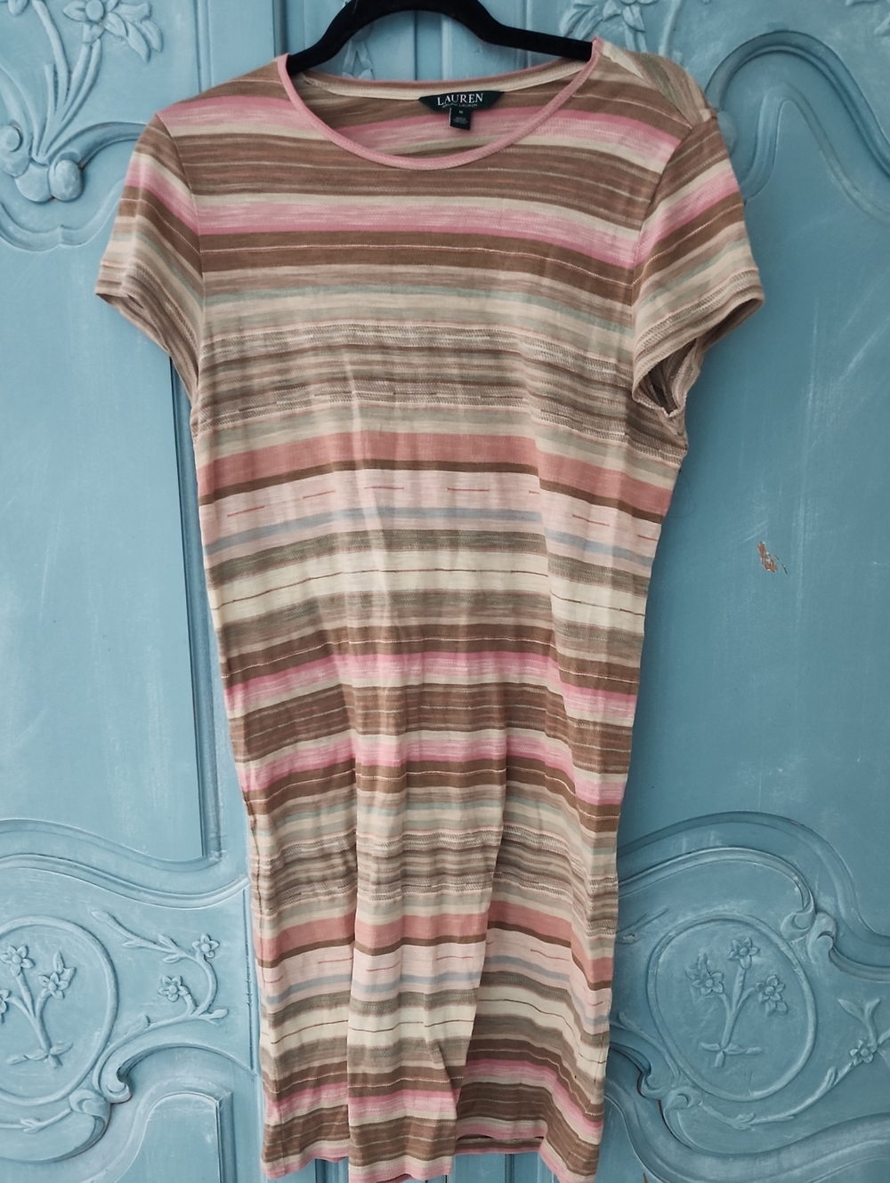 Lauren Ralph Lauren Pink Beige Brown Striped Short-Sleeve Dress
